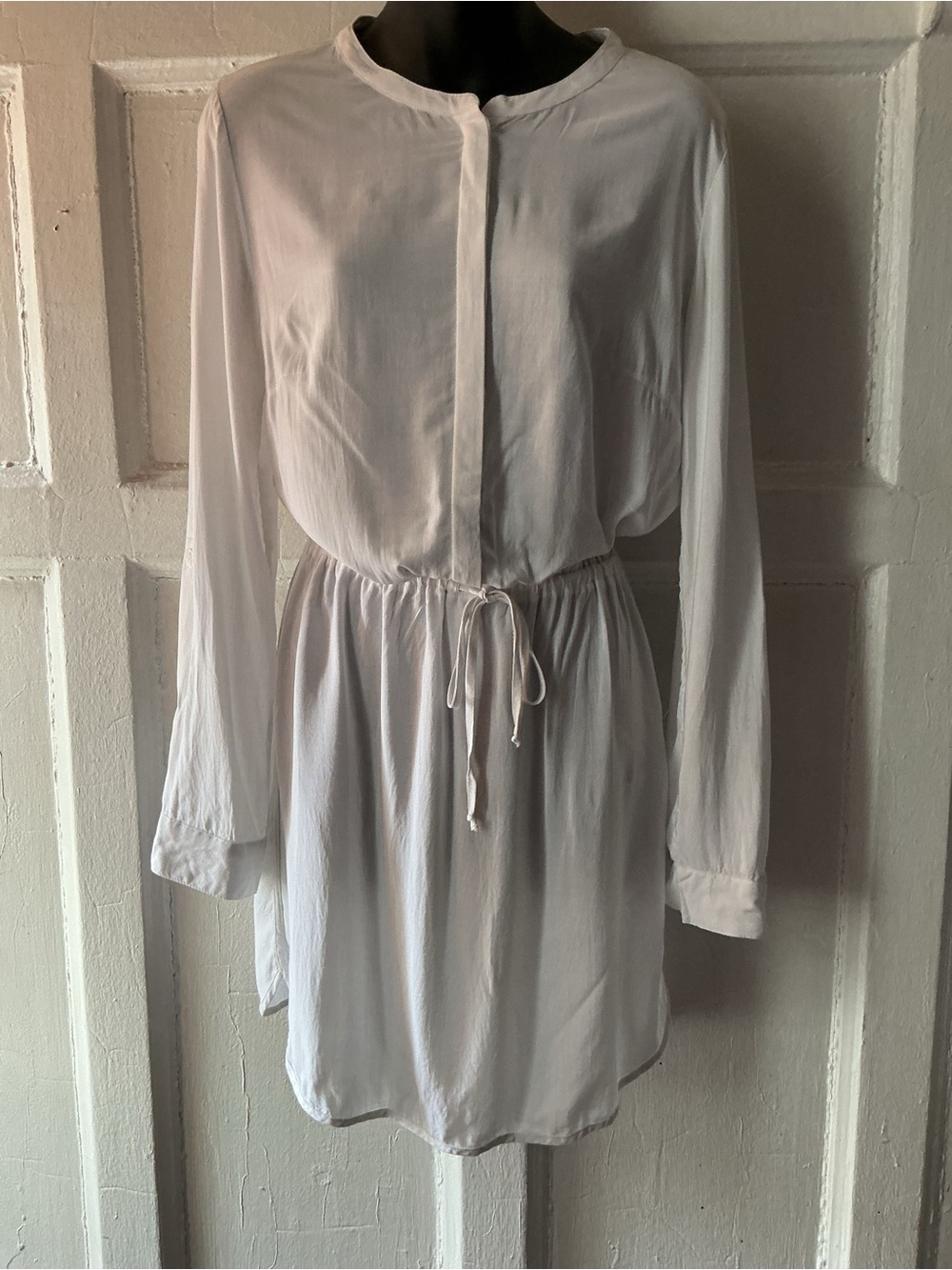 White Long Sleeve Drawstring Waist Shirt Dress